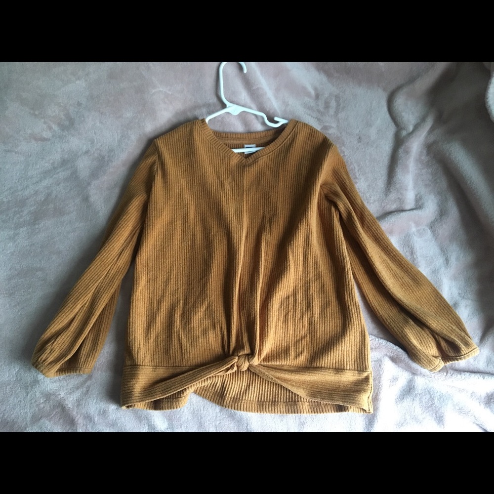 Mustard tie-knot front V neck ribbed sweater ✌🏻